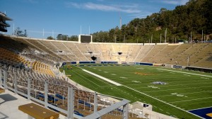 Cal's Memorial Stadium. Note the lack of overhanging structure.