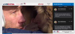 Screen shot of NBC live stream video with Twitter window to right.
