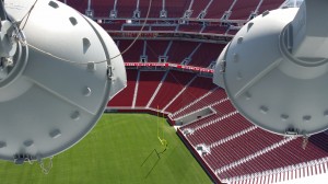 Cool/scary view of the field from behind the lights, again on the rooftop garden area