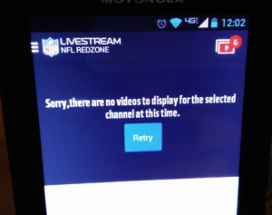 Screen shot of the message NFL Mobile users are getting used to seeing on opening day. Credit: Paul Kapustka, MSR.