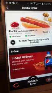 Screenshot of food feature on Levi's Stadium app. Note the green light buttons to show expected wait times for express option.