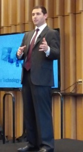 Jed York, Niners CEO, speaking at tech summit at Levi's Stadium. Credit all photos: Paul Kapustka, MSR