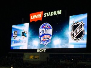 Levi's Stadium scoreboard during Stadium Series hockey game. Credit all images: Paul Kapustka, MSR (click on any photo for larger image).