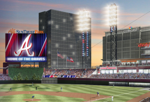 Screen shot of artist rendering of new Atlanta Braves ballpark, with Comcast office building over right-field wall. Credit: Atlanta Braves