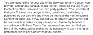 Small text snippet from Meerkat TOS... you are own your own when it comes to rights violations!