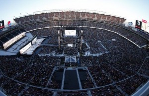 Overhead shot of Levi's Stadium during WrestleMania 31, showing on-field seating