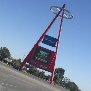The iconic sign outside the "Big A," aka Angels Stadium of Anaheim. Credit Terry Sweeney, MSR
