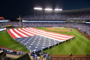 Old Glory on the field. Photo: Chris Vlesides/Kansas City Royals