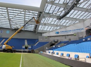 Crane helps with Wi-Fi install at the AMEX stadium. Credit all photos: Ruckus Wireless