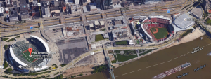 Google Map screenshot of Cincinnati riverfront area, showing Paul Brown Stadium and the Great American Ball Park. Somewhere in between is a DAS headend.