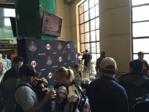 Giants fans check out the three WS trophies, at a 2015 season game. Photo: Paul Kapustka, MSR