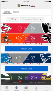 Screen shot of NFL Mobile app showing possible live games to watch.