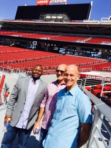 The DGP team at Levi's Stadium for a summer interview included, L to R, Derek Cotton, director of engineering; Steve Dutto, president; and Vince Gamick, VP and COO. These guys are probably smiling again now that DGP will be part of the Golden 1 Center deployment.