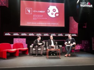 Niners CEO Jed York, left, and VenueNext CEO John Paul, center, announce new clients for VenueNext at the Web Summit in Dublin. Photo: Louise Callagy, VenueNext
