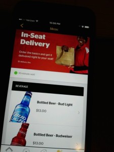 Food and drink delivery order page on Super Bowl stadium app, including the $13 Bud Light.