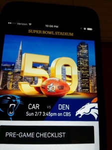 Screenshot of home page of Super Bowl 50 stadium app. (Click on any photo for a larger image)