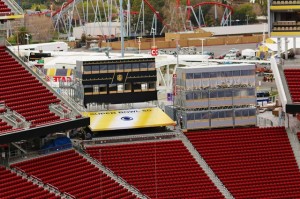 View of the temporary media towers on the Dignity Health concourse