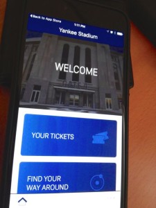 Home screen for VenueNext app for Yankee Stadium. Photo: Paul Kapustka, MSR