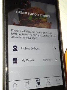 App page showing in-seat food ordering and delivery option
