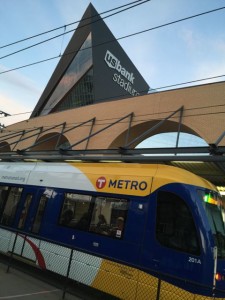 Light rail stop at the front door of US Bank Stadium. Credit: Paul Kapustka, MSR