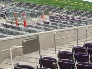 Close-up look at U.S. Bank Stadium railing enclosure during final construction phase, summer 2016. Credit: Paul Kapustka, MSR