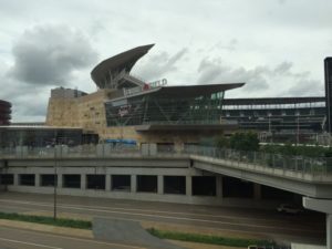 Target Field from a nearby walkway. Notice the freeway running underneath.