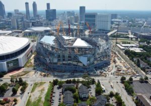 Aerial photo of Mercedes-Benz Stadium under construction. Credit all photos and artist renderings: Merecedes-Benz Stadium (Click on any photo for a larger image)