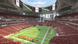Artist rendering of Falcons game configuration with roof open and 'halo' video board visible